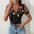 Women's Bodysuit with Floral Lace Trim and V-Neck