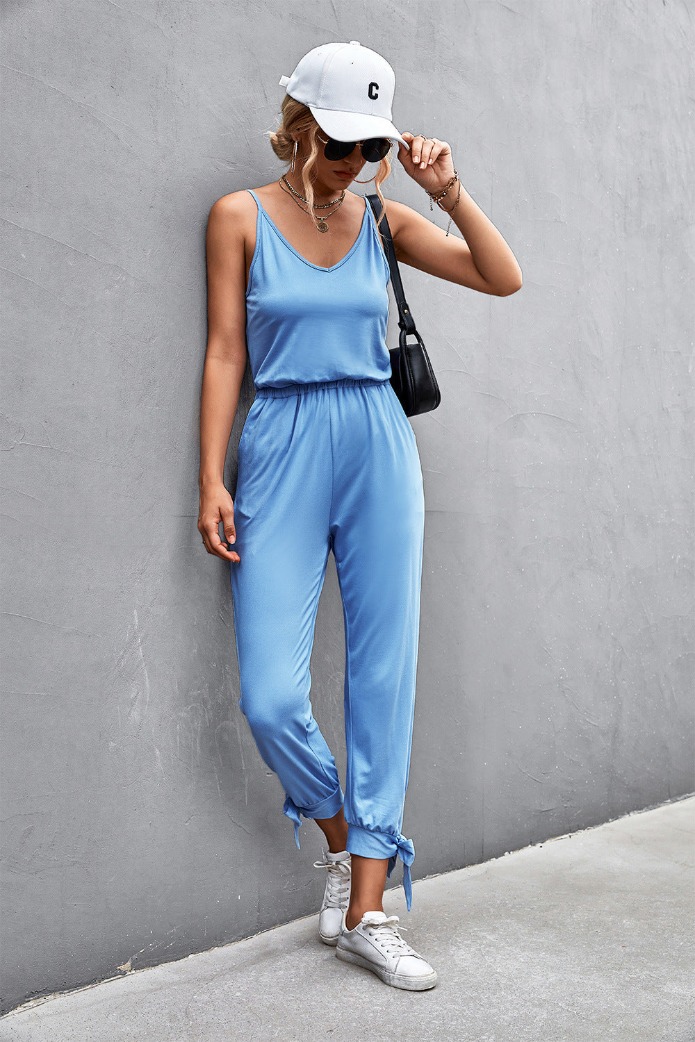 Women's Casual Jumpsuit with Adjustable Spaghetti Straps and Elastic Waistband