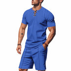 Men's Short-Sleeved Lace-Up Collar Waffle Jersey Set