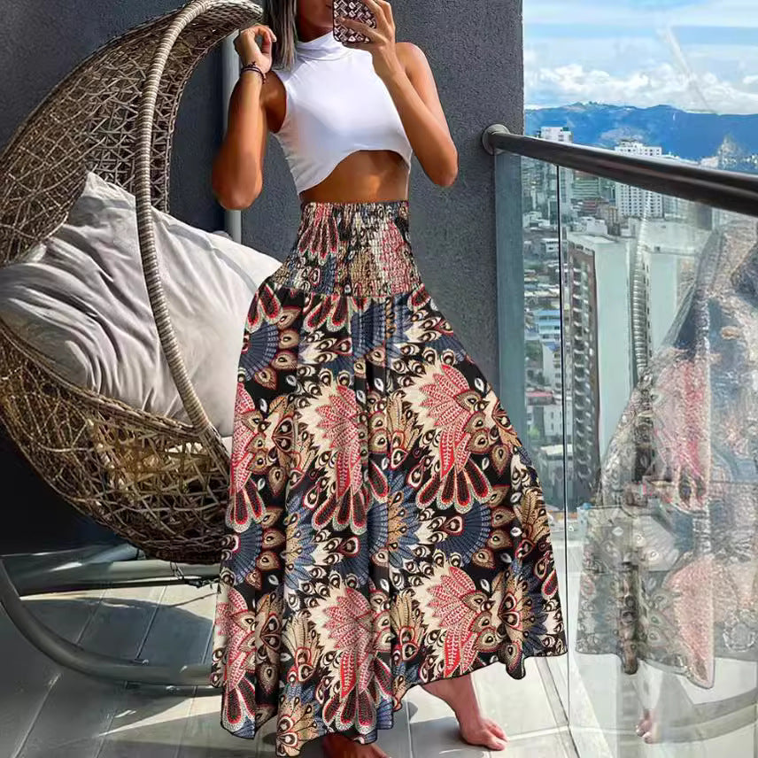 Women's Macro Skirt with Elastic Waist and Colorful Ethnic Pattern