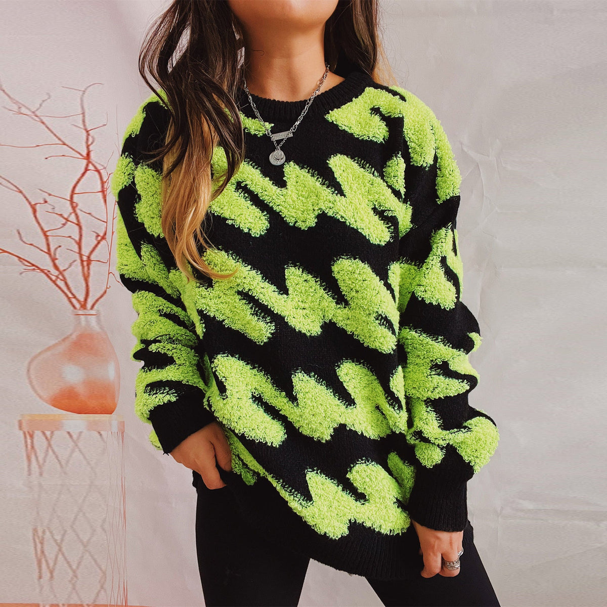 Women's Coarsely Textured Sweatshirt with Contrasting Patterns