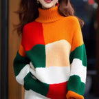 Women's Chunky Knit High-Neck Sweater with Color Block Design