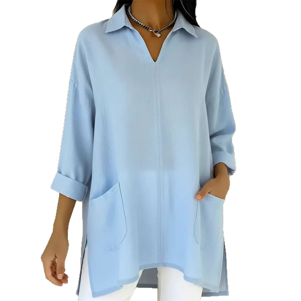 Women's Long-Sleeve Blouse with V-Neck and Pockets
