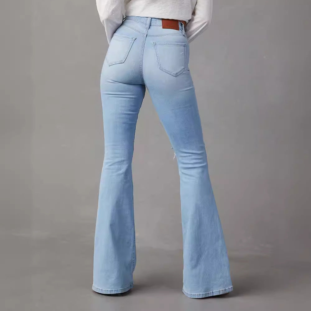 Women's Flared Jeans with Frayed Hem and Washed Effect
