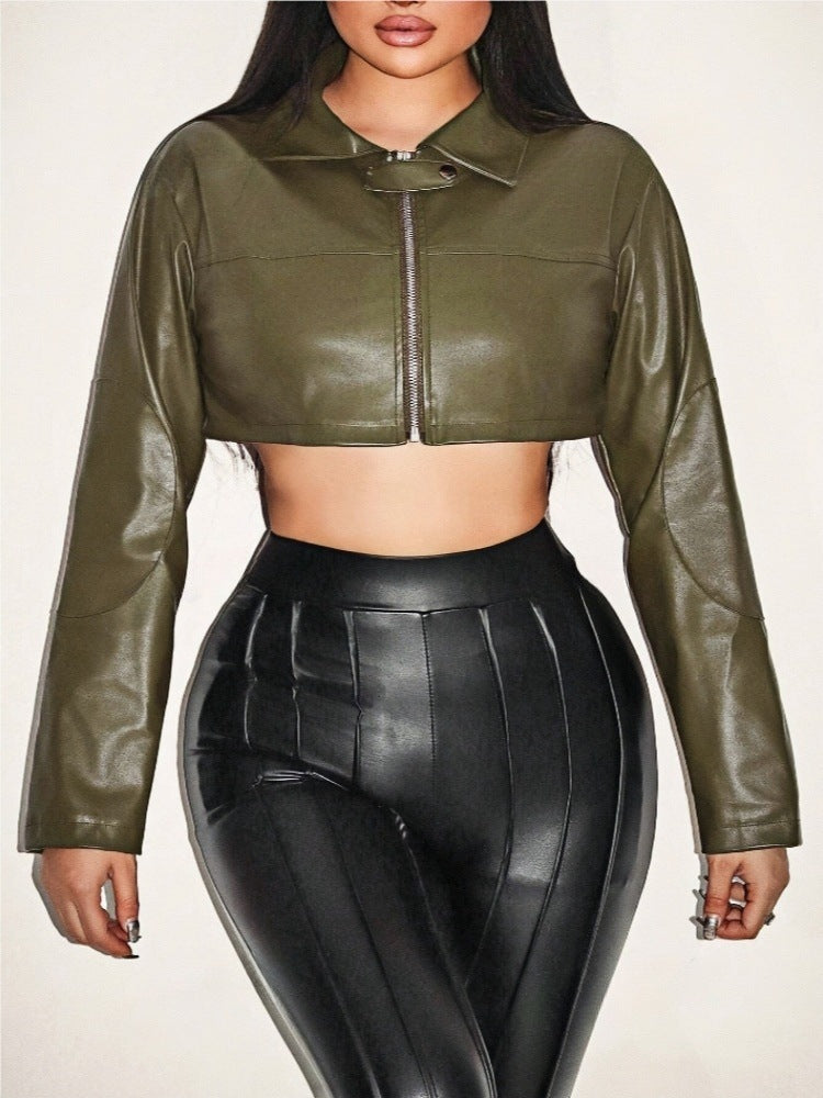 Women's Cropped Faux Leather Jacket with Innovative Zipper