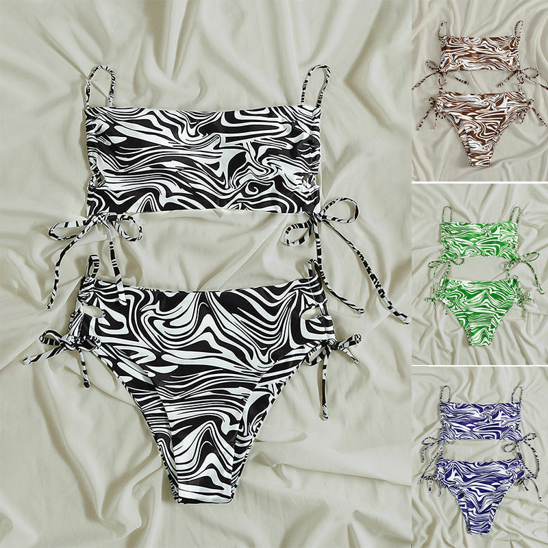 Women's Swimsuit Set with Adjustable Ties and Modern Marble Pattern