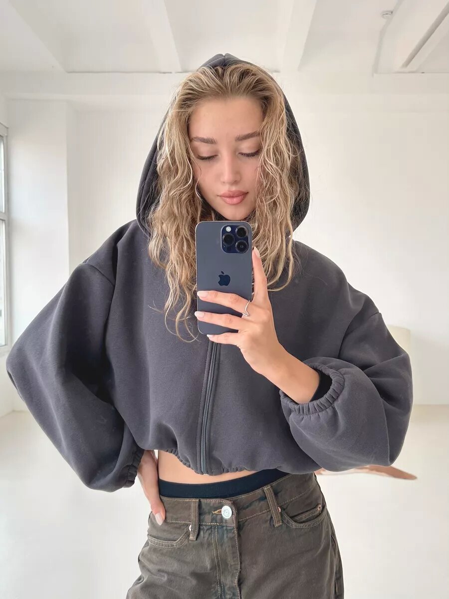 Women's Cropped Hoodie with Oversized Sleeves