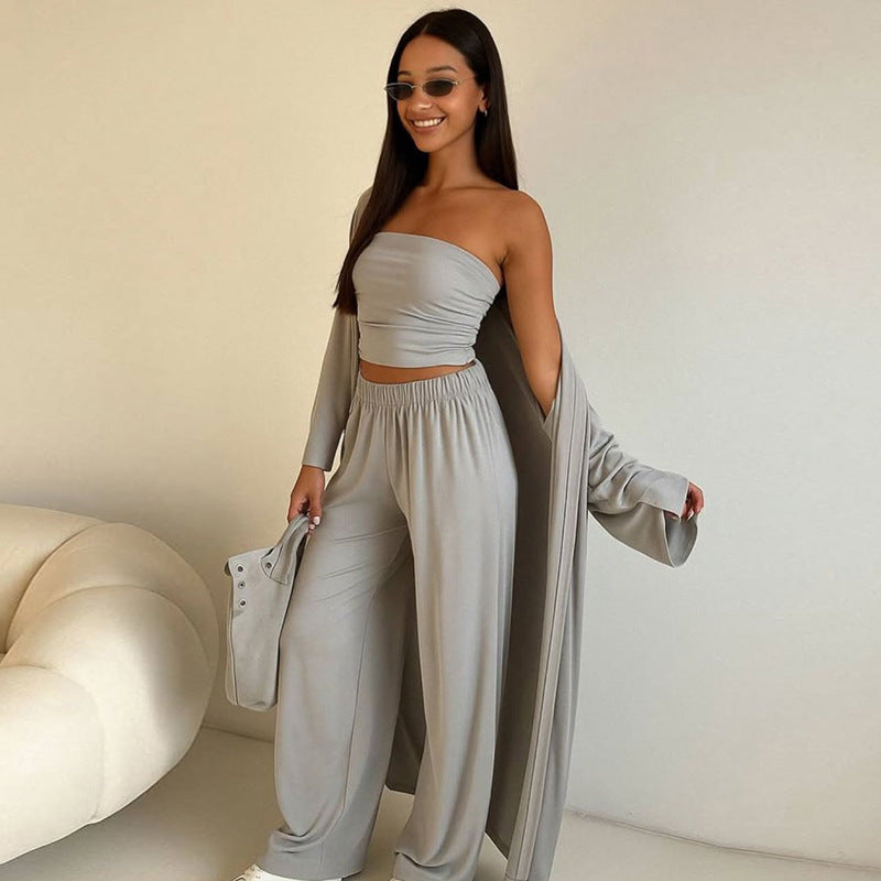 Women's Elegant 3-Piece Set with Wide-Leg Trousers and Fitted Top