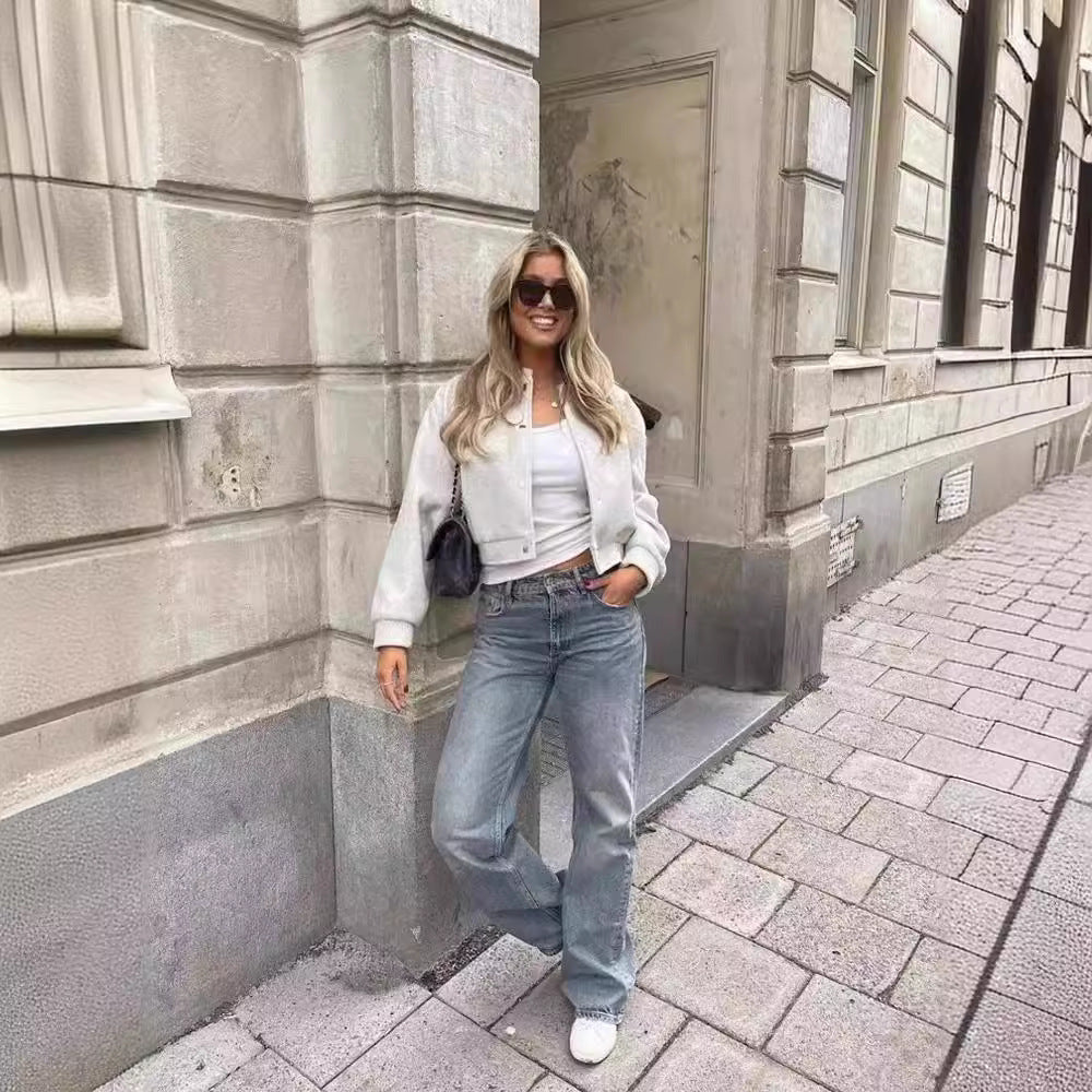 Women's Cropped Jacket with Modern Stand-up Collar and Snap Button Closure