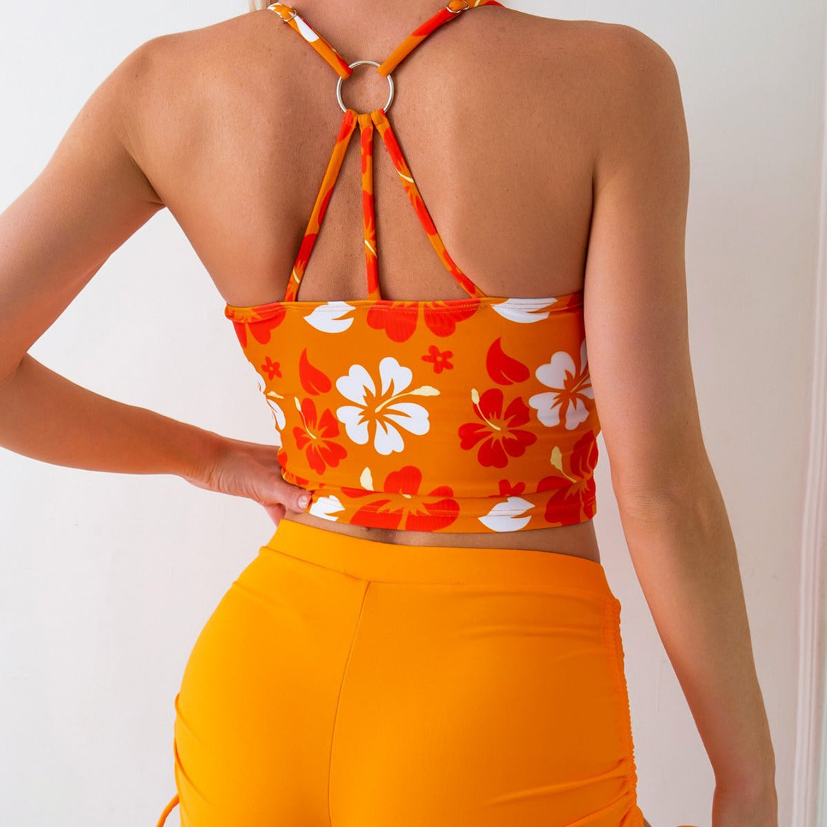 Women's Swim Top with Floral Design and High-Waisted Shorts