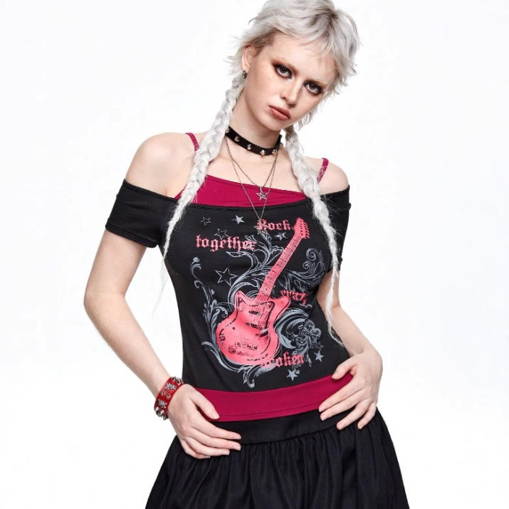Women's Asymmetrical Rock T-Shirt with Graphic Print
