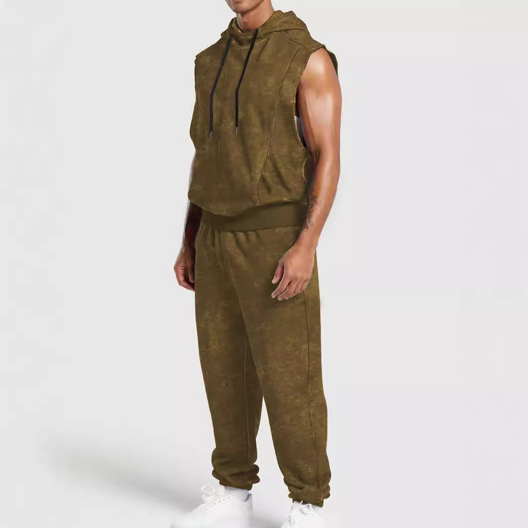 Men's sleeveless hooded sweat set in velour look with elastic joggers and ribbed cuffs