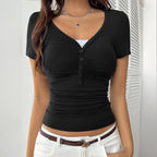 Women's Fitted Short-Sleeve Shirt with Button Closure and Ruffle Details