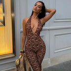 Elegant Lace Jumpsuit with Deep V-Neck and Side Slits