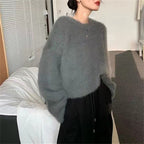 Women's Fluffy Pullover with Casual Fit and High Crew Neck
