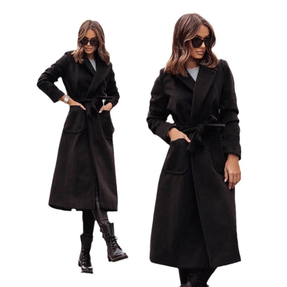 Women's Elegant Wrap Coat with Pockets and Tie Belt