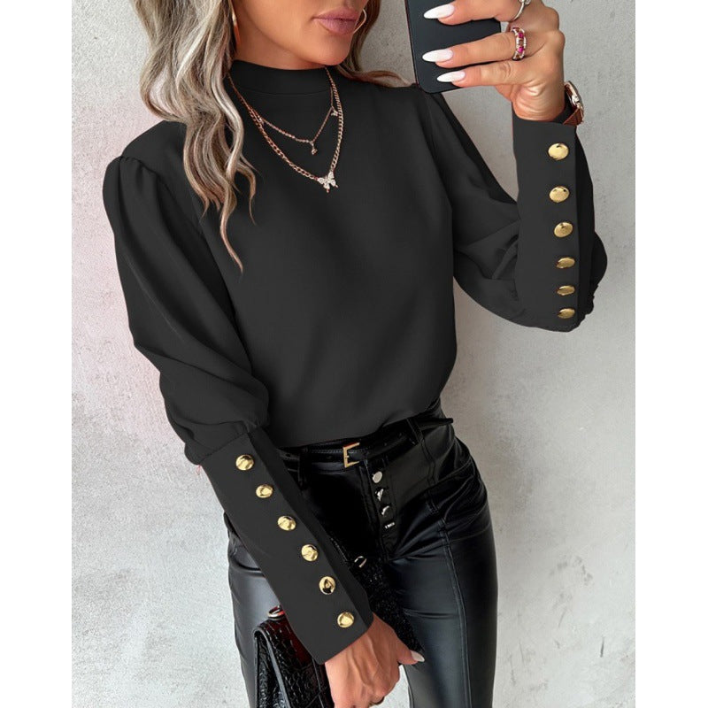 Elegant Blouse with Puff Sleeves and Gold Button Details