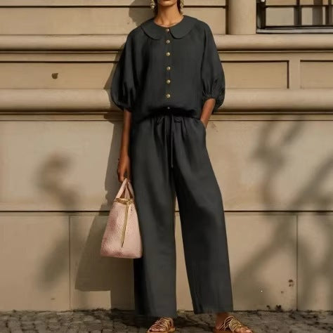 Women's Airy Two-Piece Set with Modern Collar and Button Details