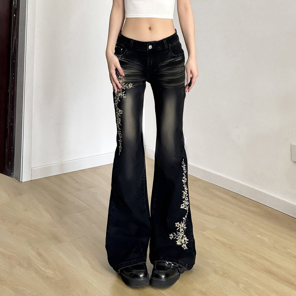 Women's Flared Jeans with Floral Embroidery