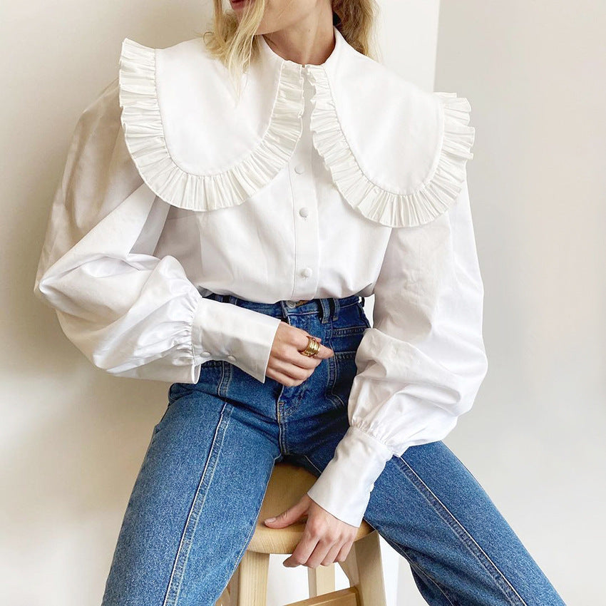 Elegant Blouse with Decorative Ruffle Collar and Puff Sleeves