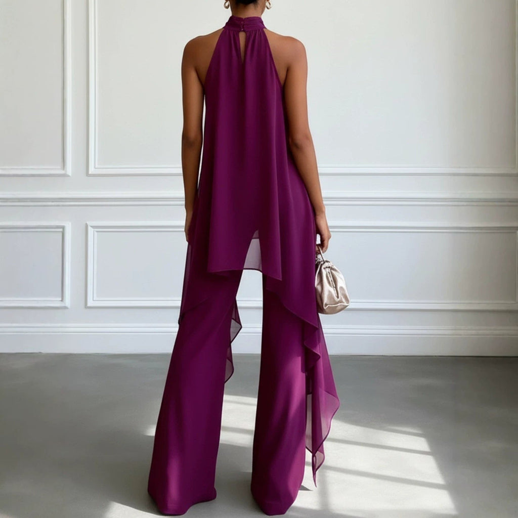 Evening Two-Piece Set with Gathered Mock Neck and Wide-Leg Trousers