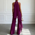 Evening Two-Piece Set with Gathered Mock Neck and Wide-Leg Trousers