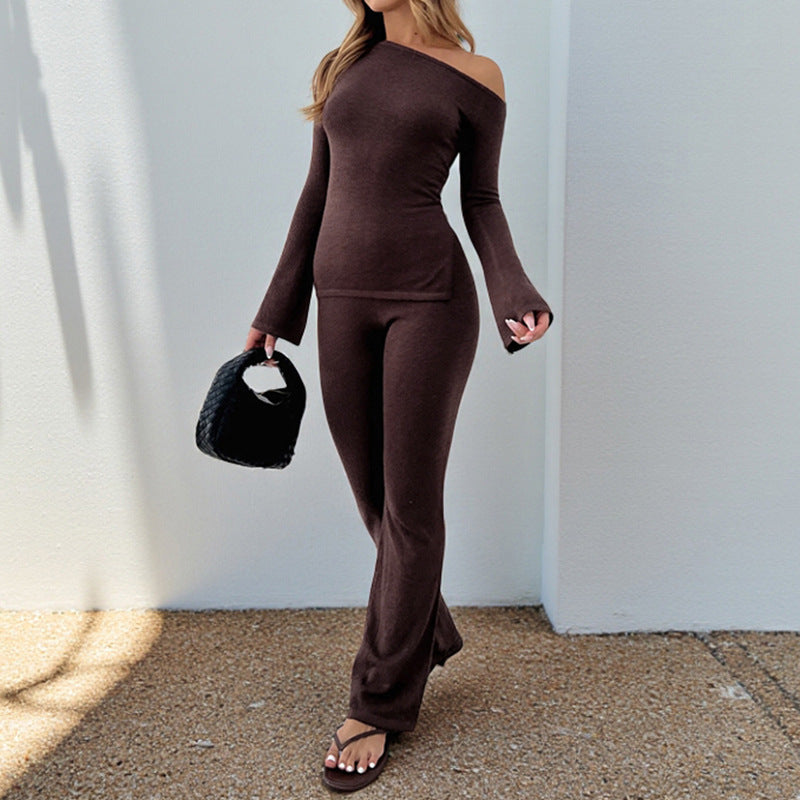 Women's Form-Fitting Off-Shoulder Long Sleeve Shirt with Flared Sleeves