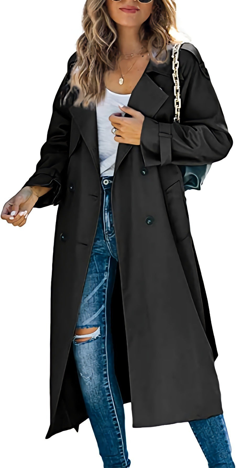 Women's Fashionable Trench Coat with Double-Breasted Button Placket and Casual Cut