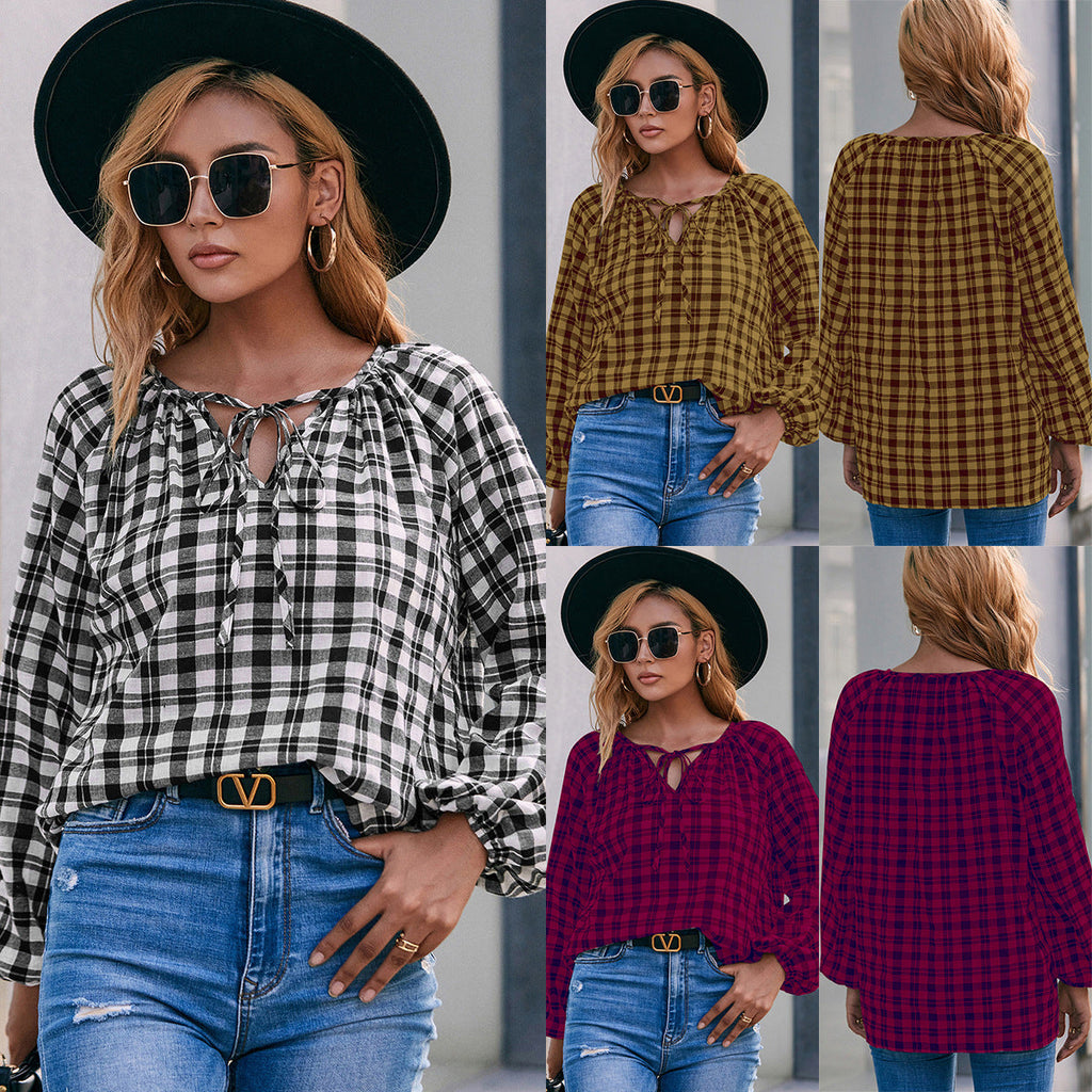 Blouse with Plaid Pattern and Bow Detail