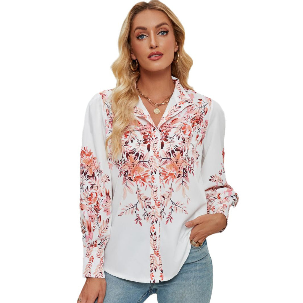 Women's Blouse with Floral Accents and Elegant Button Placket