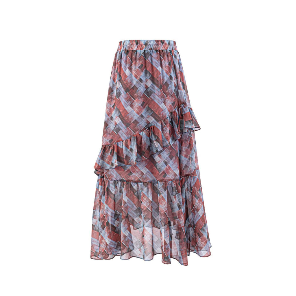 Women's Maxi Skirt with Voluminous Ruffles and Graphic Pattern