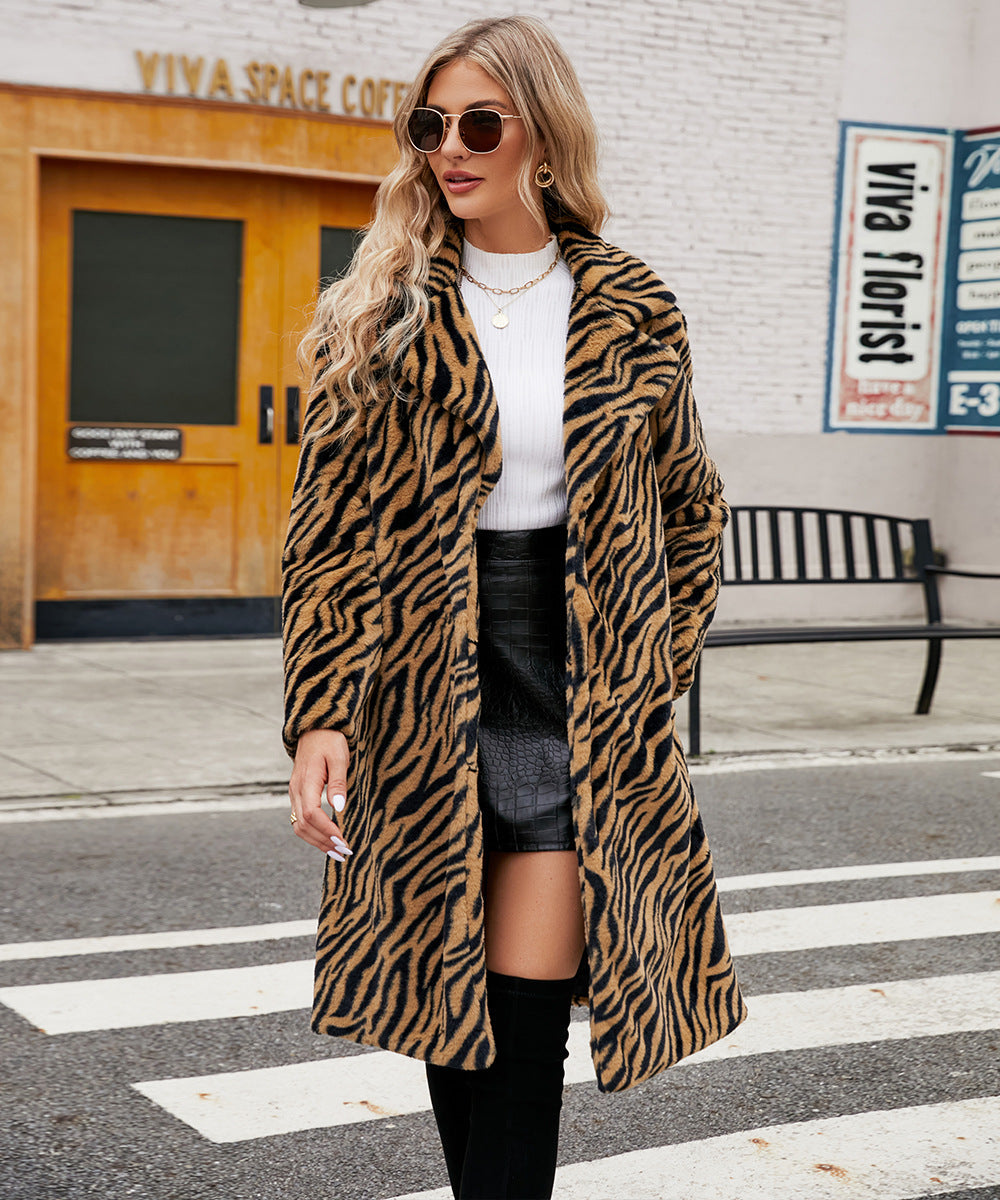 Women's Elegant Faux Fur Coat in Zebra Design