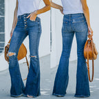 Women's Flared Jeans with Distressed Effects and Button Detail