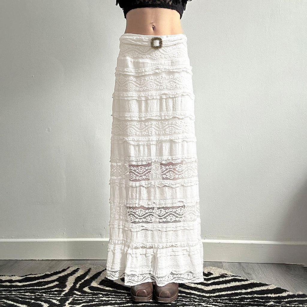 Women's Midi Skirt with Ruffled Hem and Decorative Waist Belt