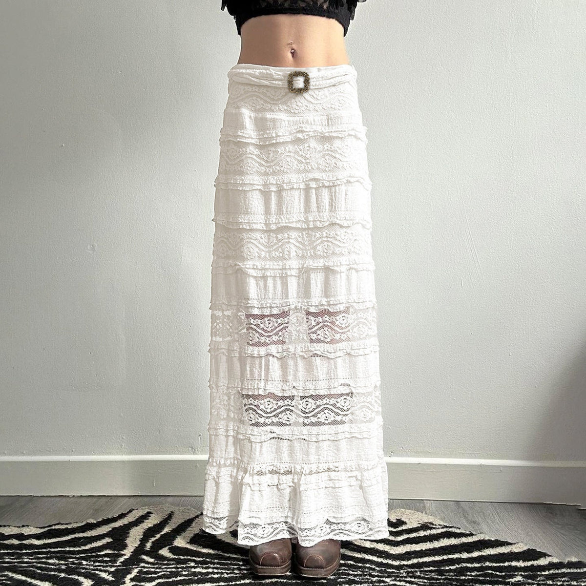 Women's Midi Skirt with Ruffled Hem and Decorative Waist Belt