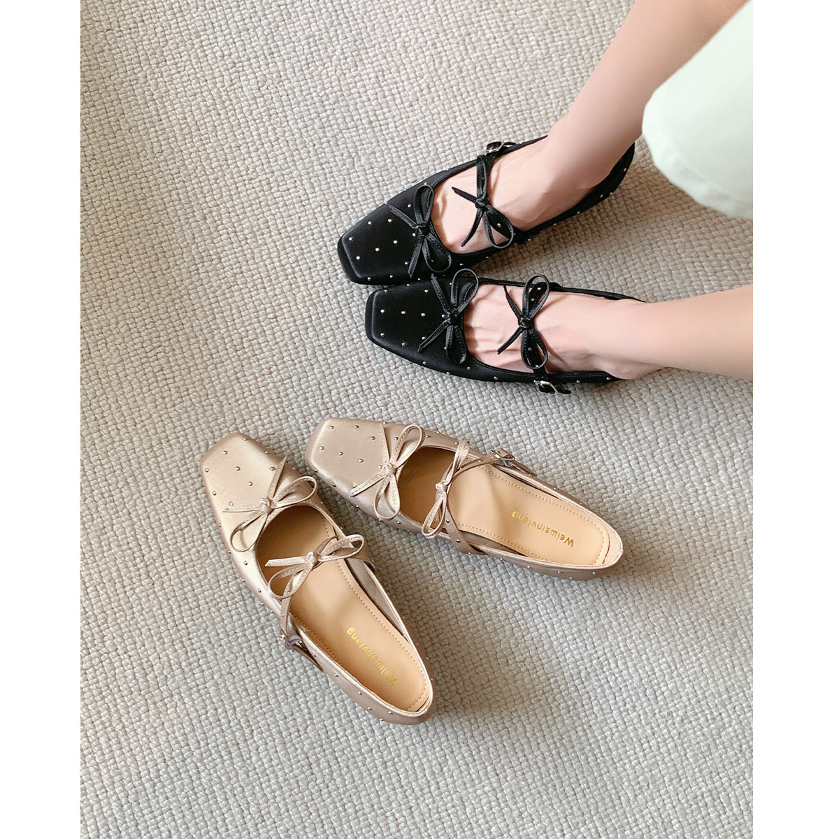Women's Ballet Flats with Decorative Bows and Rhinestone Details