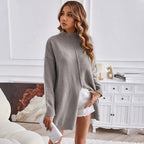 Women's Chunky Knit Sweater with High Collar and Asymmetrical Cut