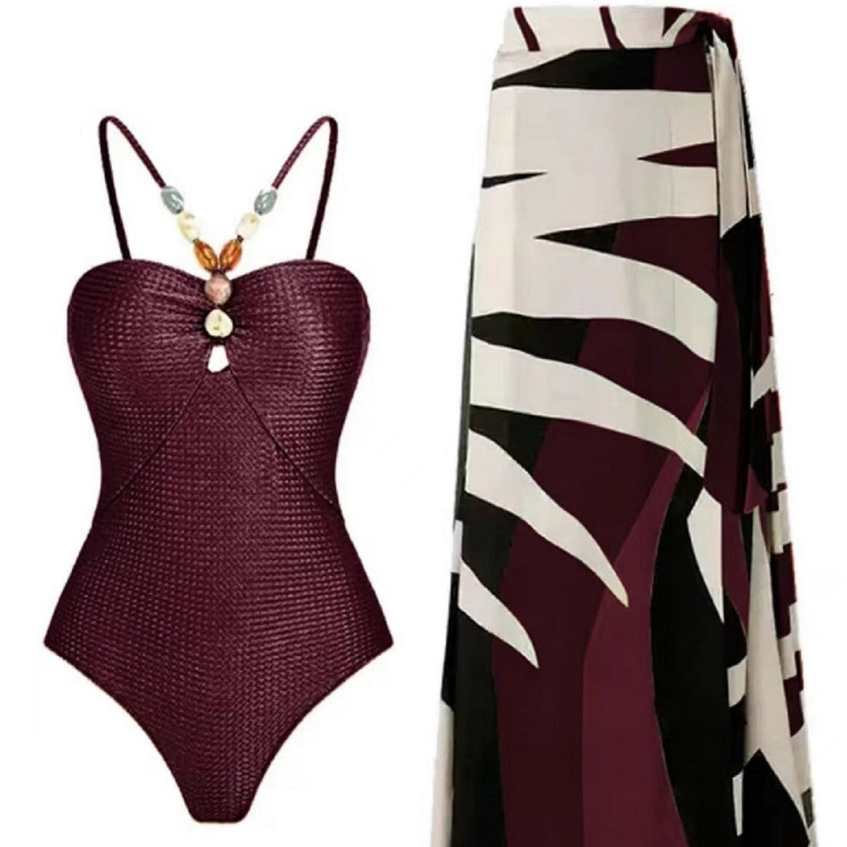 Women's Swimsuit with Elegant Wrap Skirt and Decorative Details