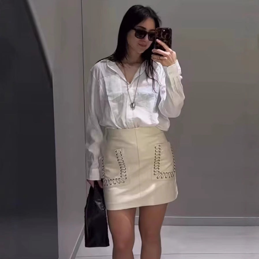 Women's Mini Skirt with Decorative Lace-Up Details and Pockets