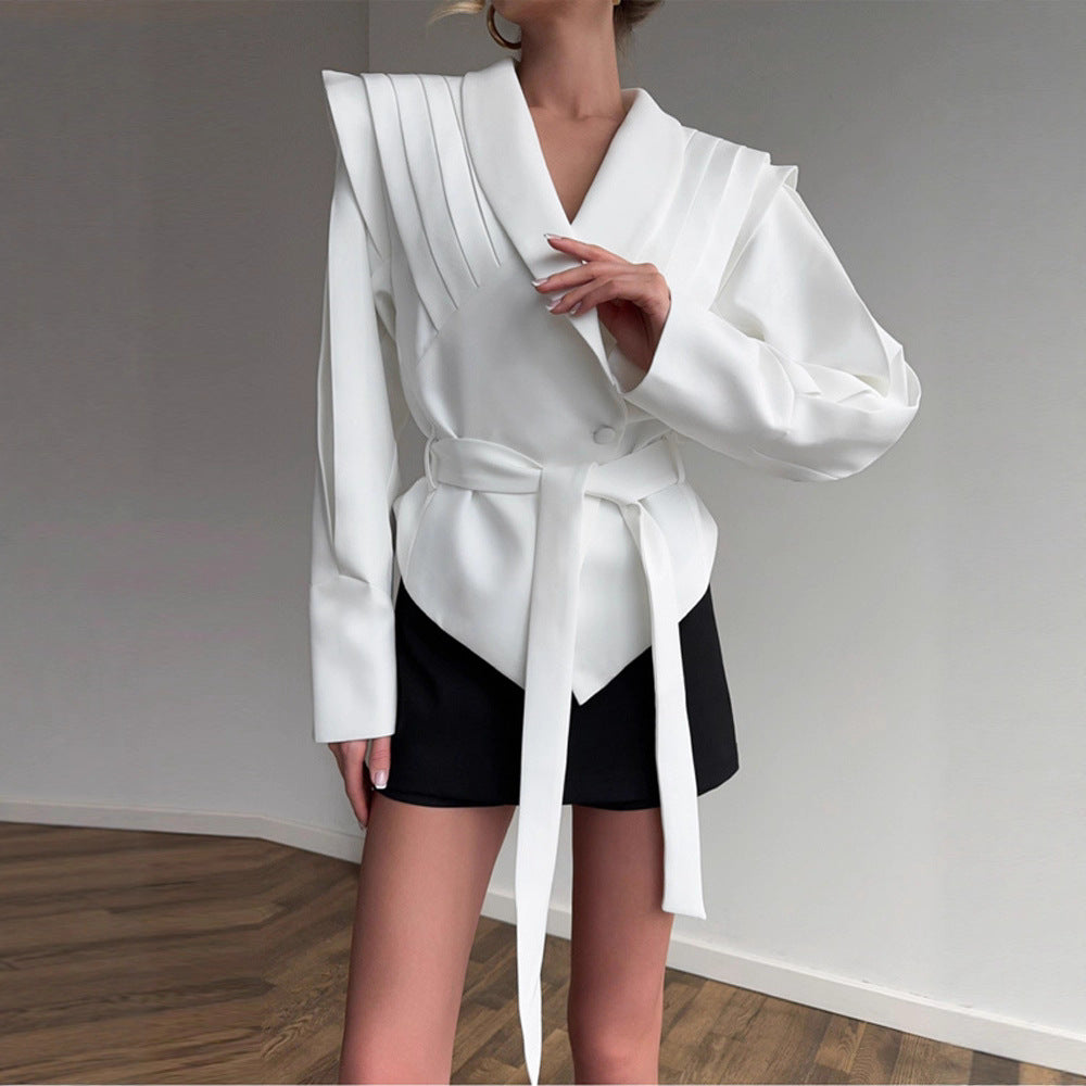 Women's Couture Blazer with Elegant Collar and Waist Belt