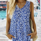Women's Sleeveless V-Neck Top with Floral Print and Side Pockets