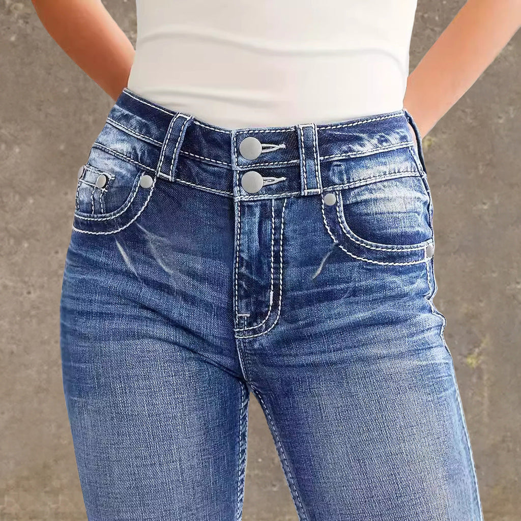 Women's Vintage-Style Flared Jeans with Embroidery