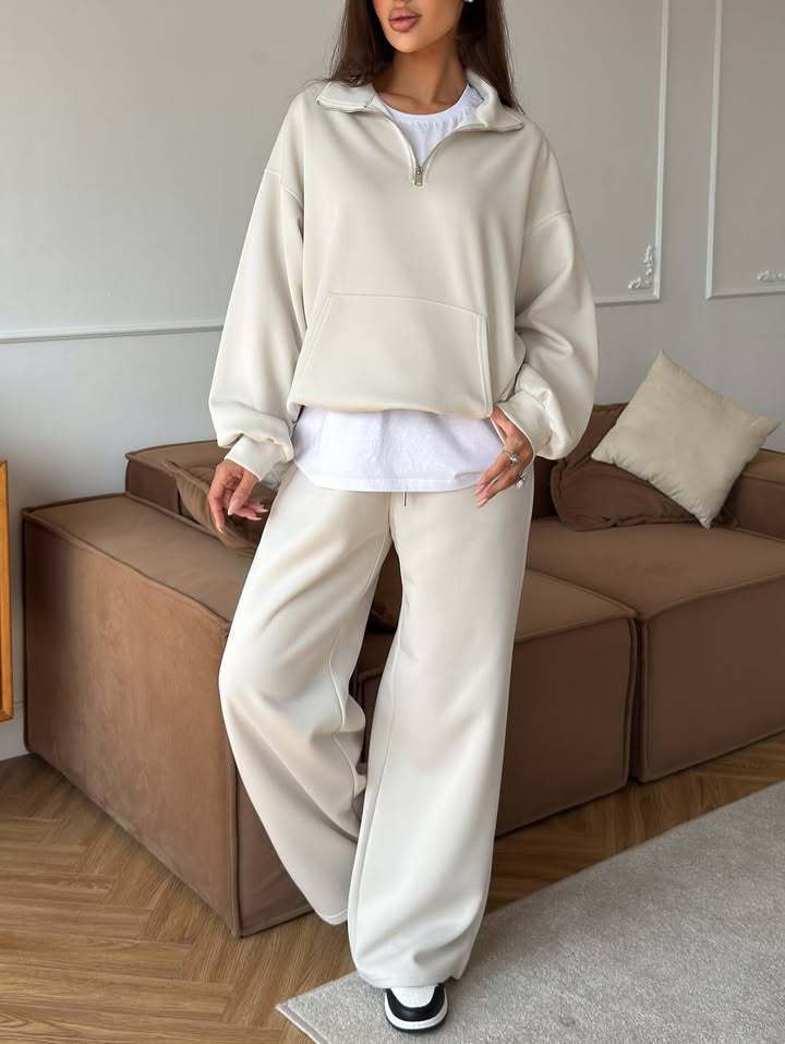 Women's Half-Zip Lounge Set with Hoodie and Wide-Leg Pants