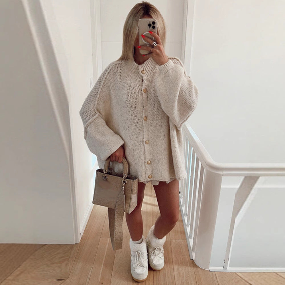 Women's Chunky Knit Cardigan with Button Details and Oversized Fit