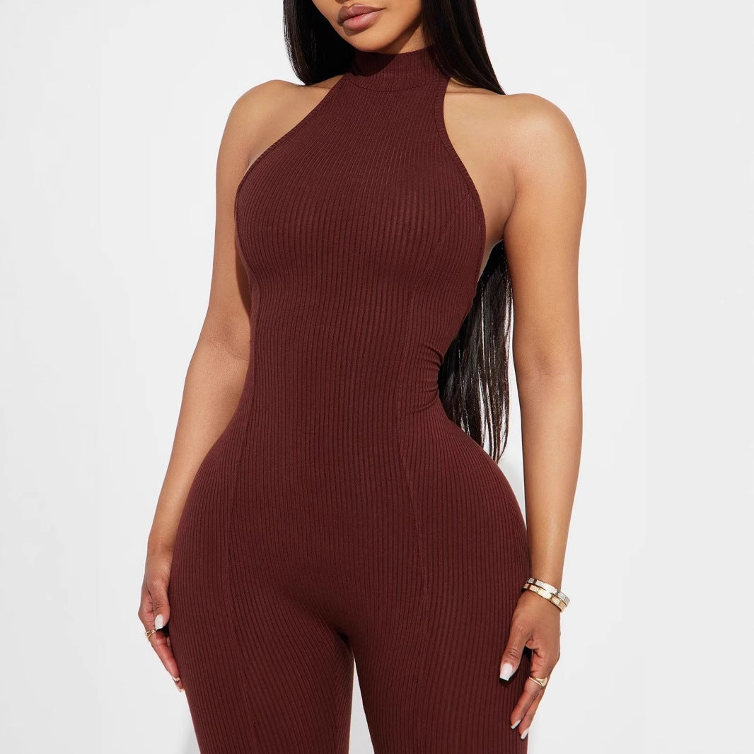 Women's Form-Fitting High-Neck Ribbed Jumpsuit