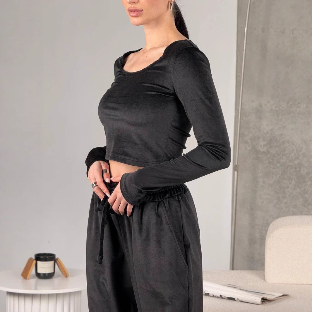 Women's Fashionable Crop Top and Comfortable Leisure Trousers Set