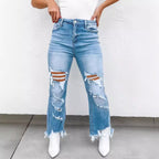 Women's High-Waisted Flared Jeans with Distressed Details