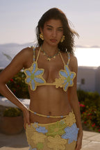 Women's Crochet Skirt with Floral Appliqués and Asymmetric Cut