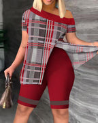 Women's Casual Asymmetrical Top and Biker Shorts Set