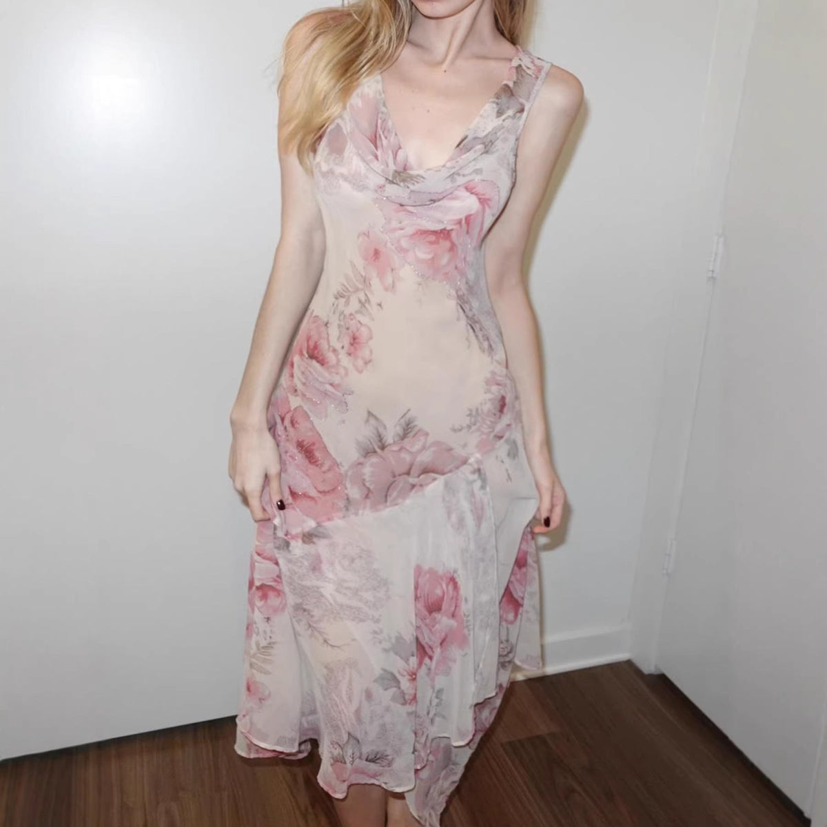Elegant Asymmetrical Dress with Floral Accents